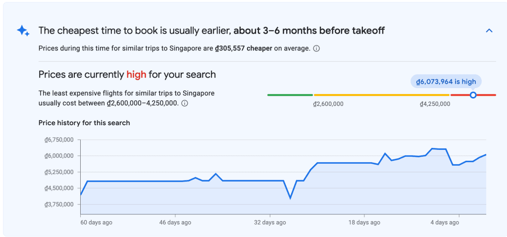 Kiểm tra giá vé máy bay đi Singapore trung bình bằng Google Flights